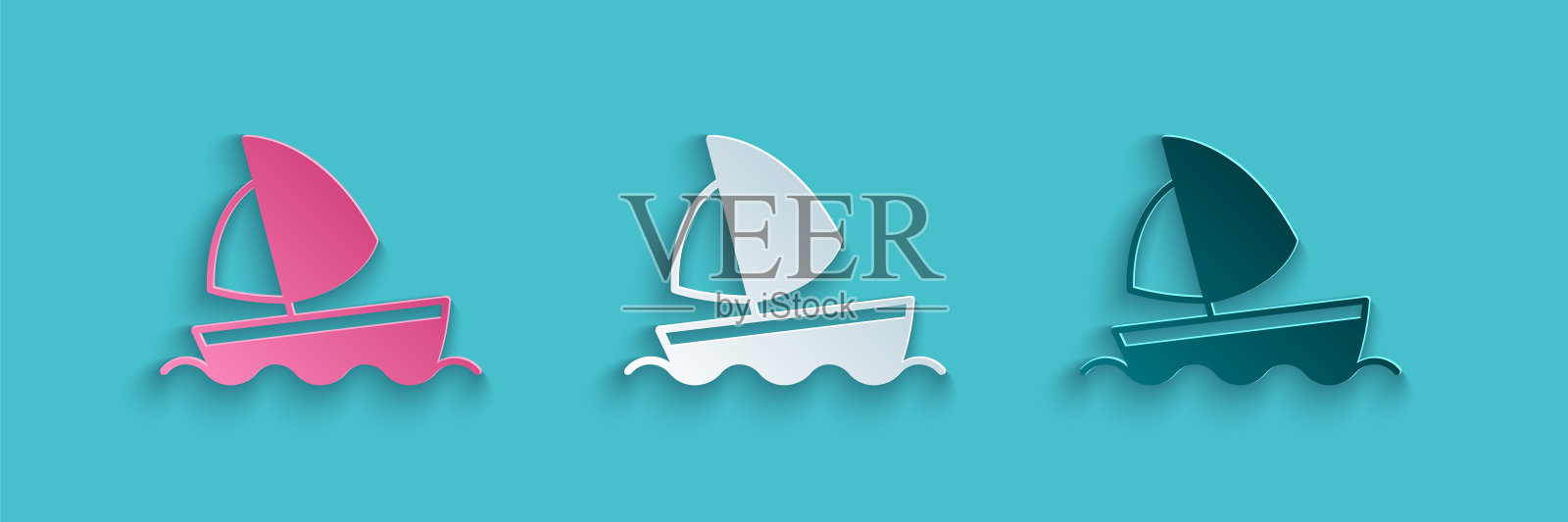 剪纸游艇、帆船或帆船图标孤立在蓝色背景上。帆船海上巡航旅行。纸艺术风格。向量插画图片素材