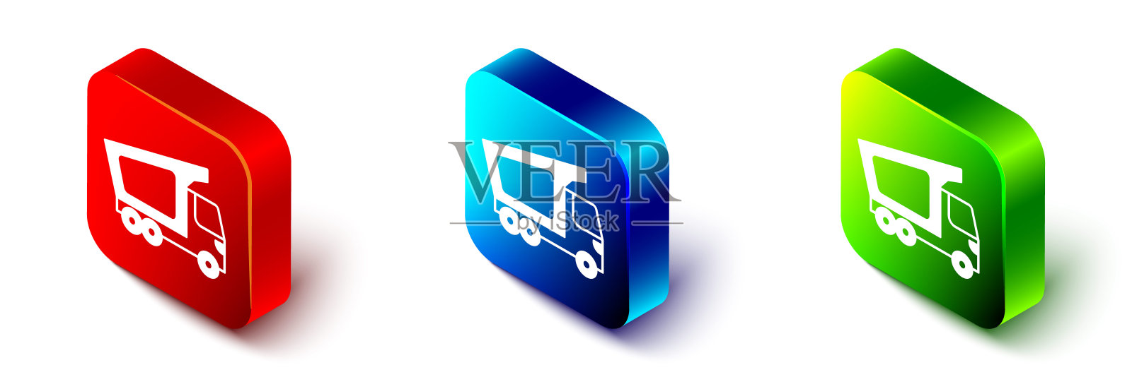 等距交付货物卡车车辆图标隔离在白色背景。红、蓝、绿方形按钮。向量插画图片素材