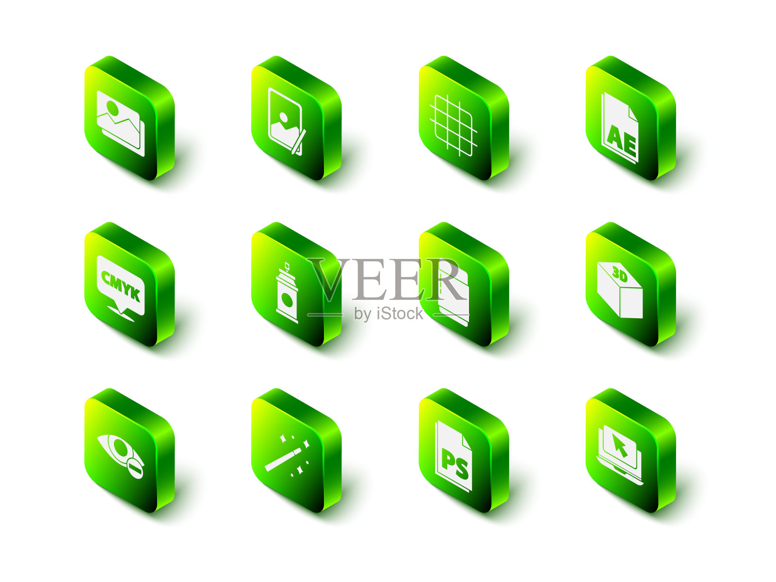 设置图形平板，网格图形纸，AE文件文件，等距立方体，笔记本电脑和光标，橡皮擦，PS文件和魔棒图标。向量图标素材