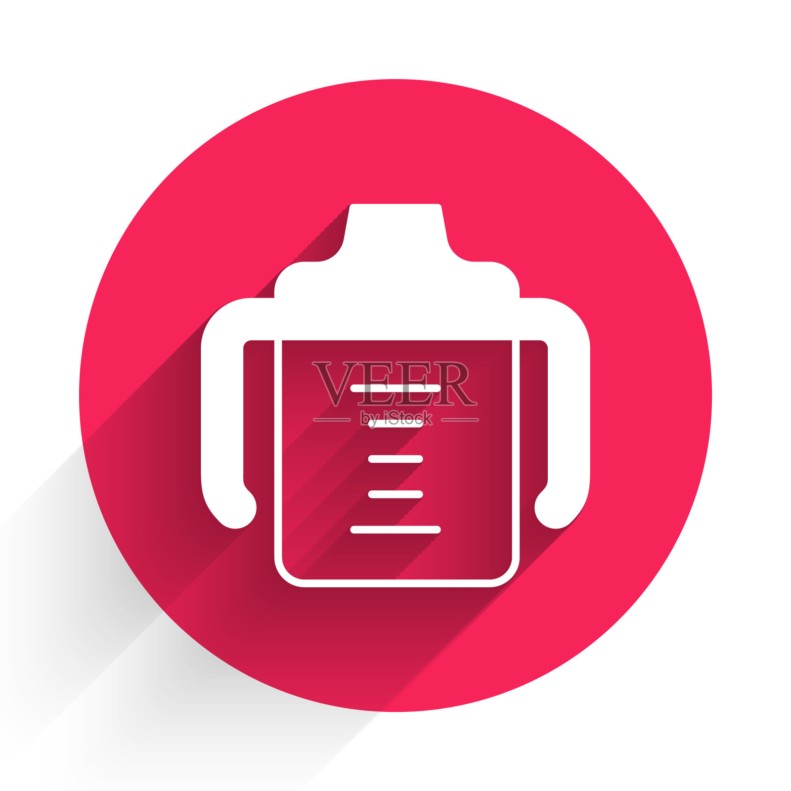 白色奶瓶图标与长阴影背景隔离。奶瓶图标。牛奶瓶的迹象。红色圆圈按钮。向量插画图片素材