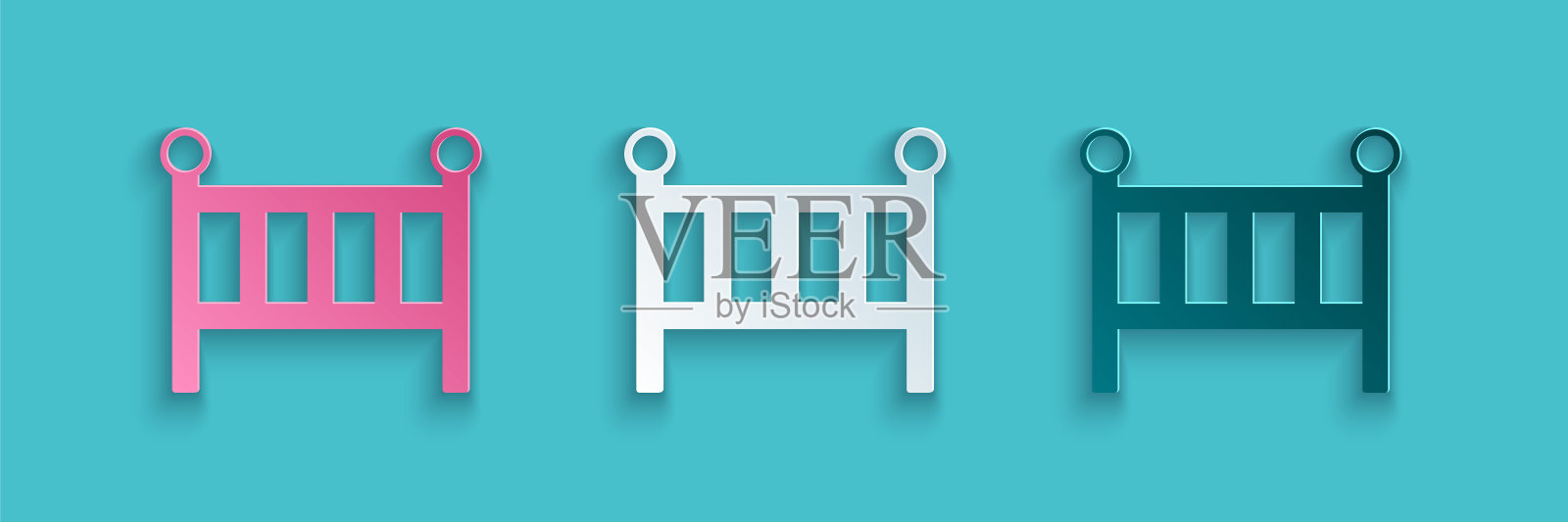 剪纸婴儿婴儿摇篮床图标孤立在蓝色背景。纸艺术风格。向量图标素材