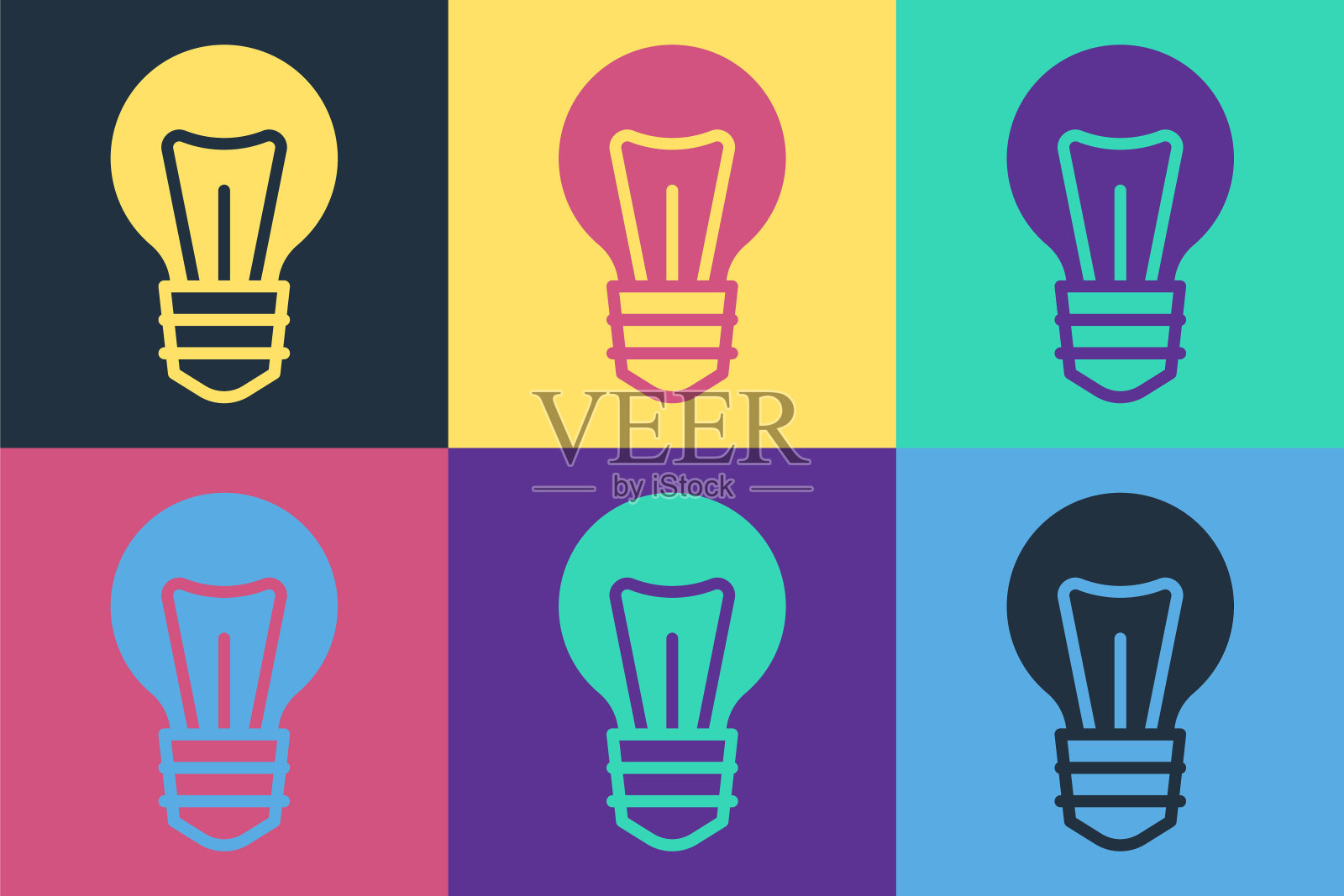 波普艺术灯泡与概念的想法图标隔离在颜色背景。能量和思想的象征。灵感的概念。向量图标素材