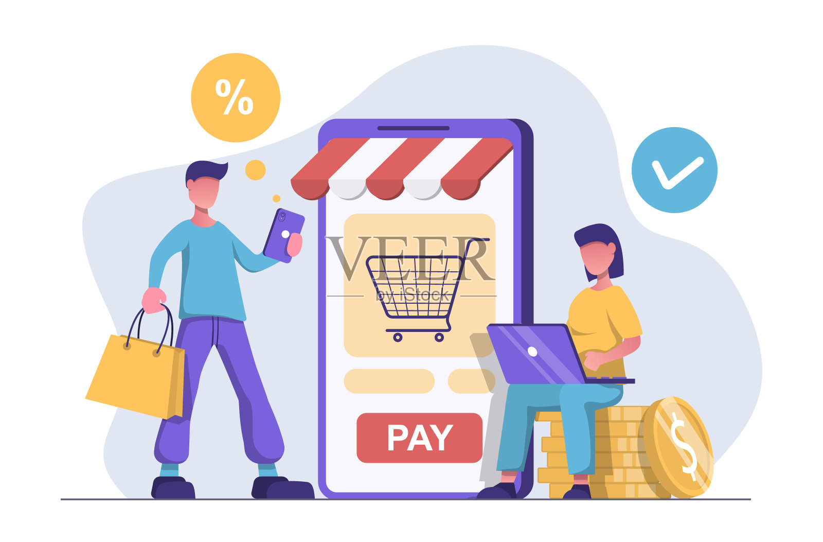 一名提着包的男子在网上用智能手机购物，他头顶上有一个打折泡沫。在他旁边，一个女人正坐在金币上用笔记本电脑购物。平面向量插图。插画图片素材