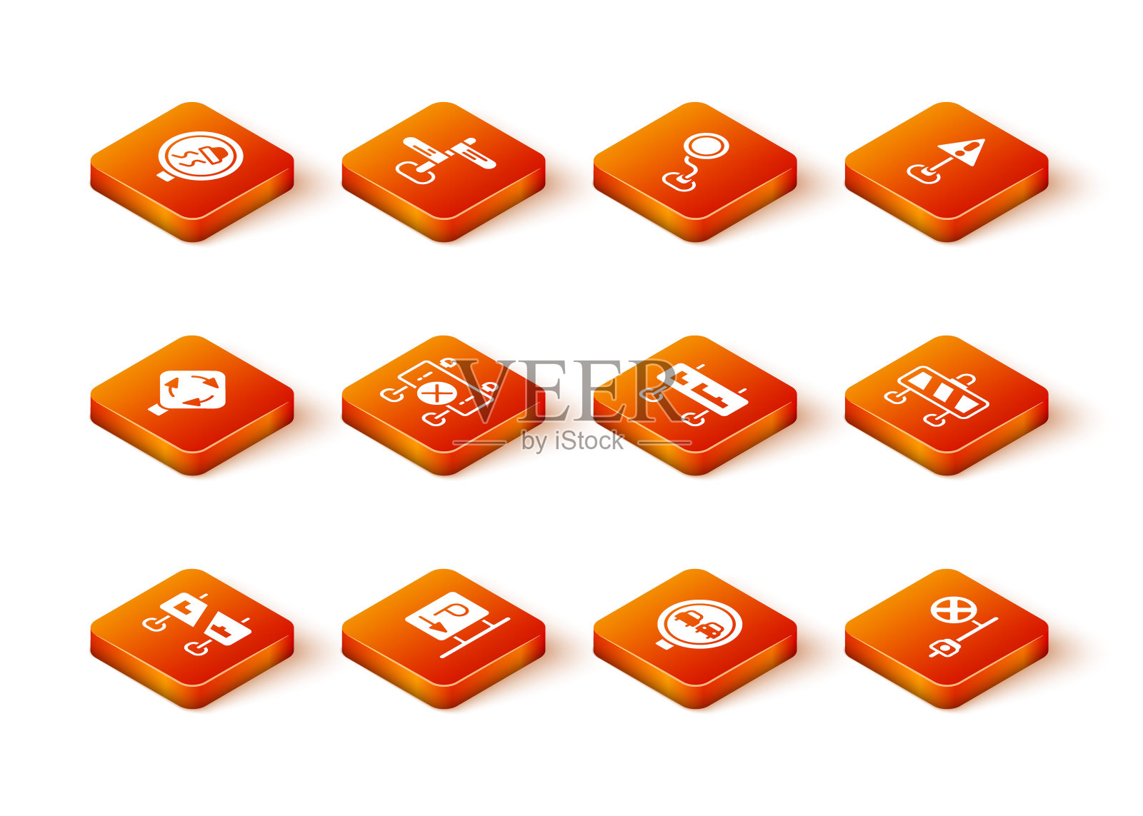 设置道路交通标志、停车、环岛、障碍、禁止超车道路、带摄像头和图标的停车。向量图标素材