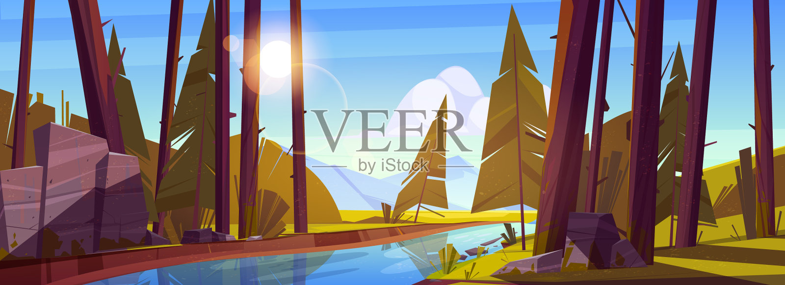 夏季森林，河流和山脉插画图片素材