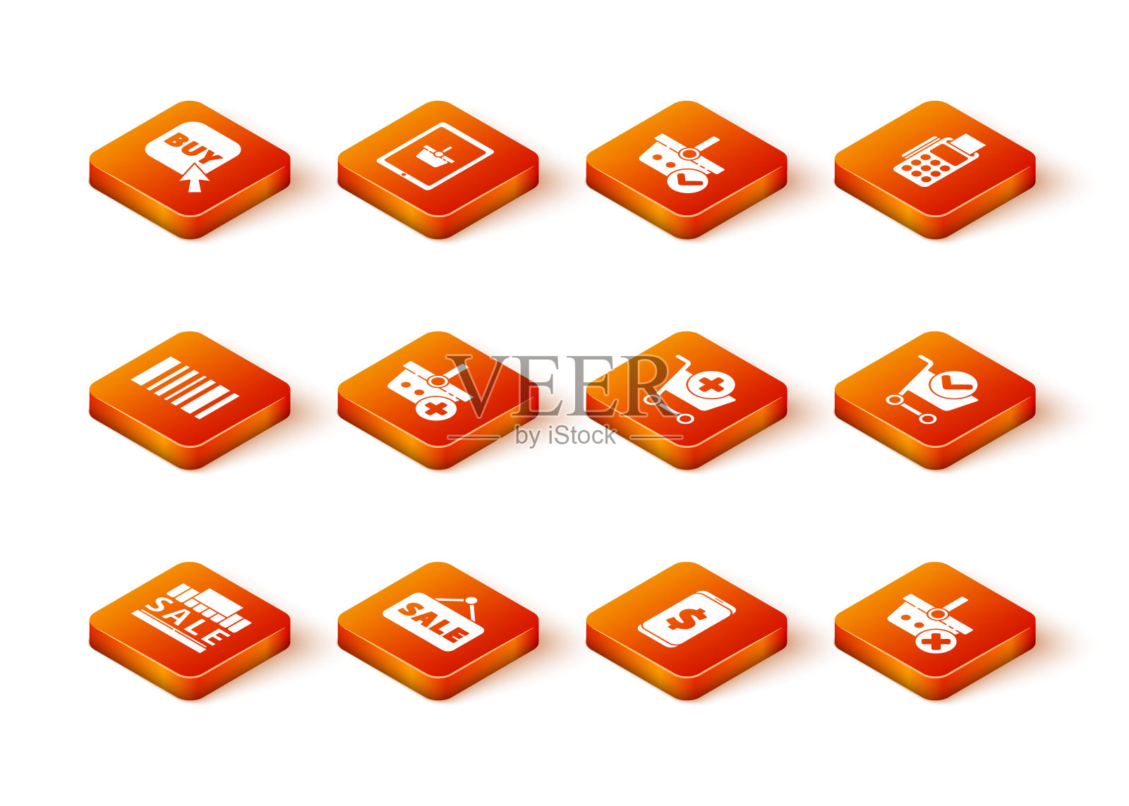 设置购物大楼和销售，悬挂标志与销售，条形码，添加到篮子，智能手机美元，购物车，删除购物和检查标记图标。向量图标素材