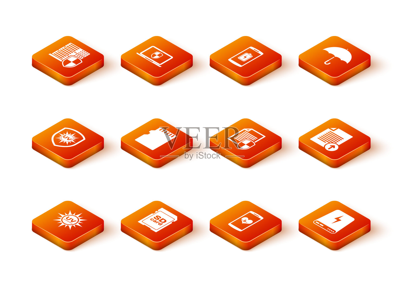 设置紫外线保护，SD卡，微内存，智能手机与心率和文件图标。向量图标素材