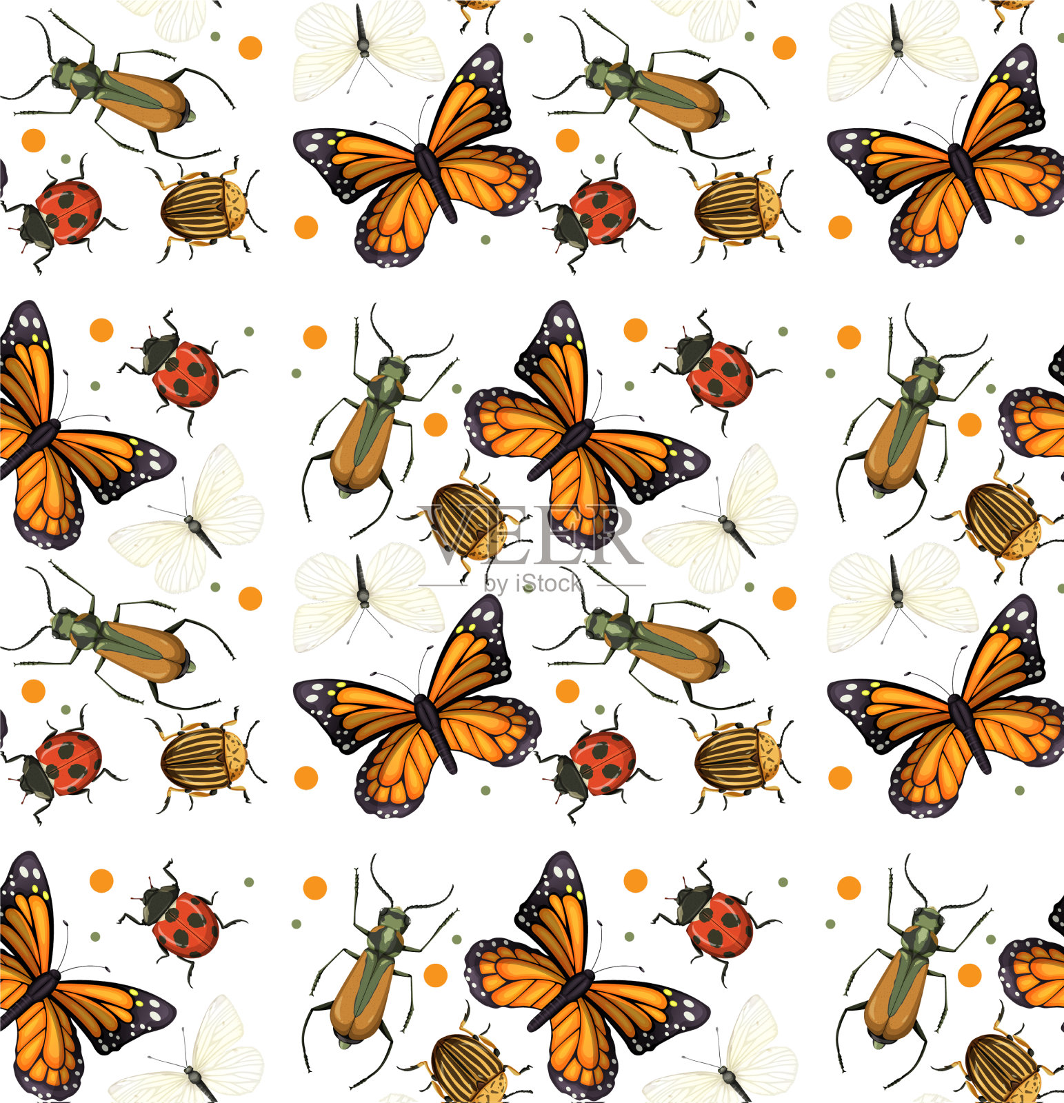 无缝图案与许多昆虫在白色插画图片素材