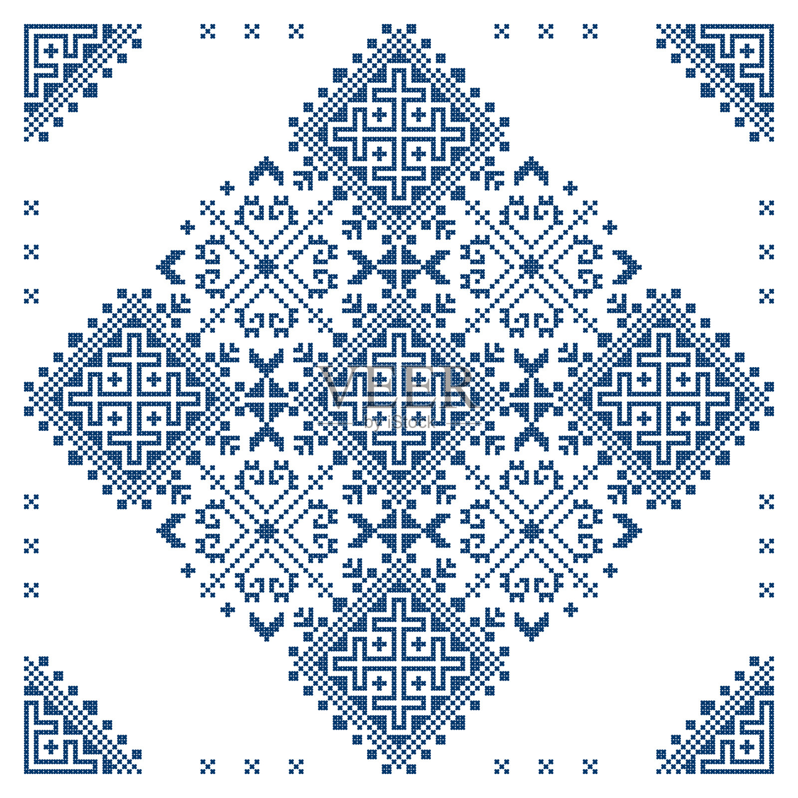 波黑刺绣风格矢量图案正方形与角，贺卡风格的Zmijanjski传统装饰插画图片素材