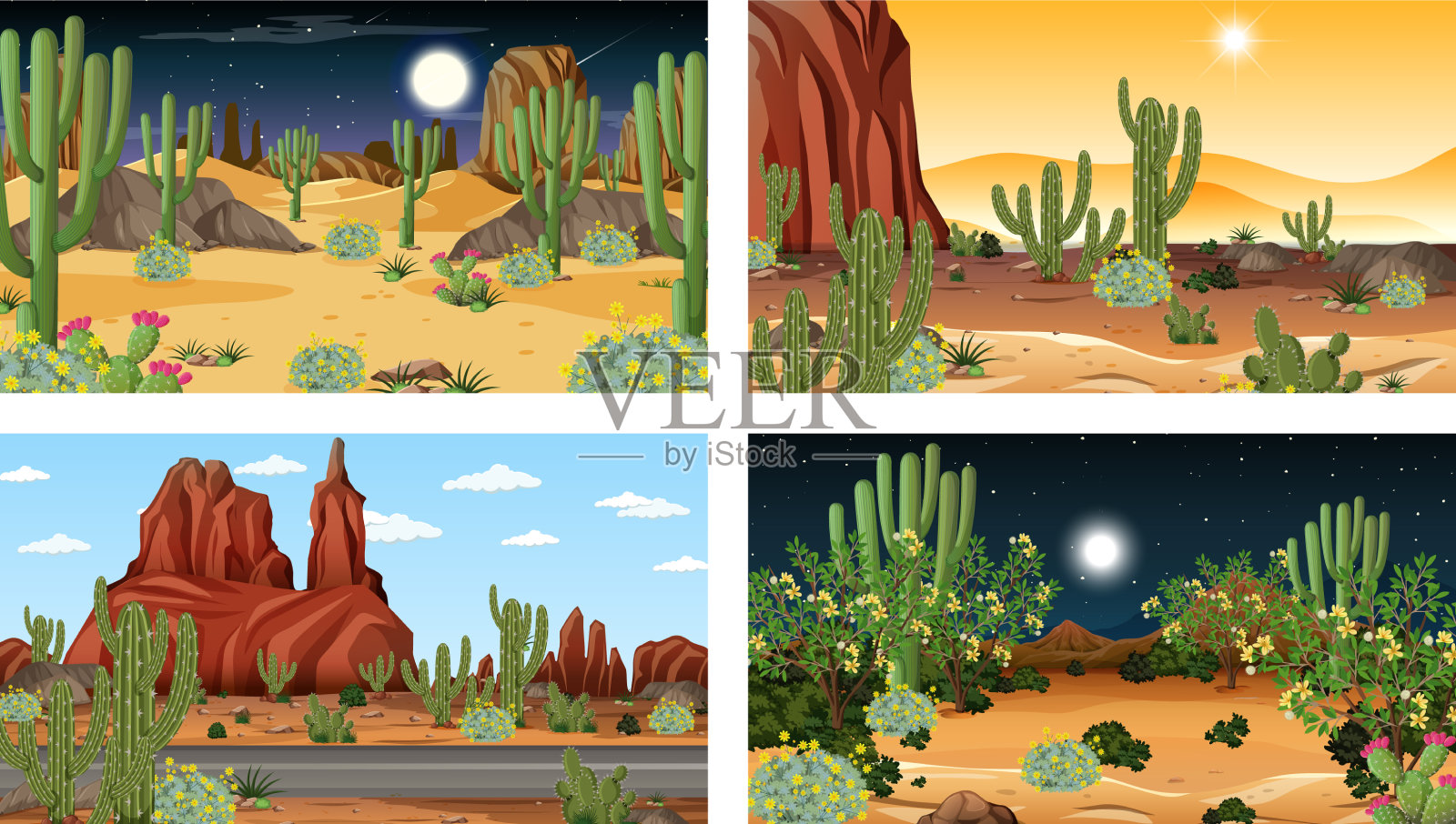 不同场景的沙漠森林景观插画图片素材