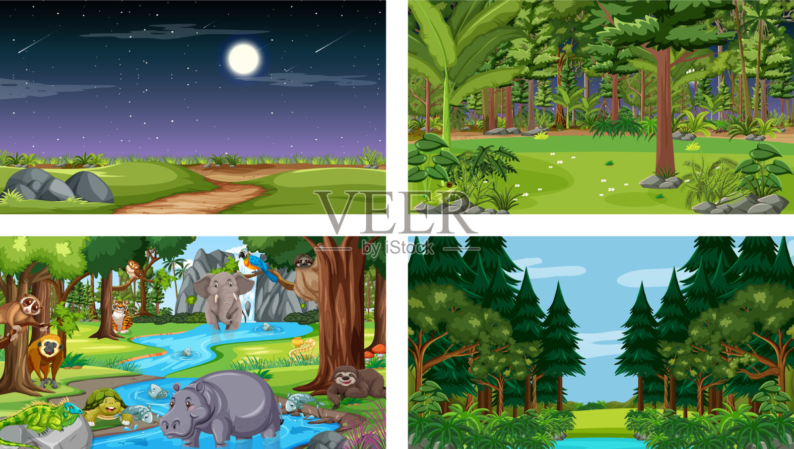 设置不同的森林水平场景插画图片素材