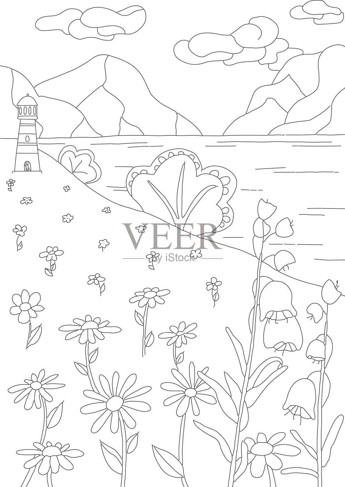 手绘着色页的孩子和成人。漂亮的图案和小细节的图画。彩色书图片。插画图片素材