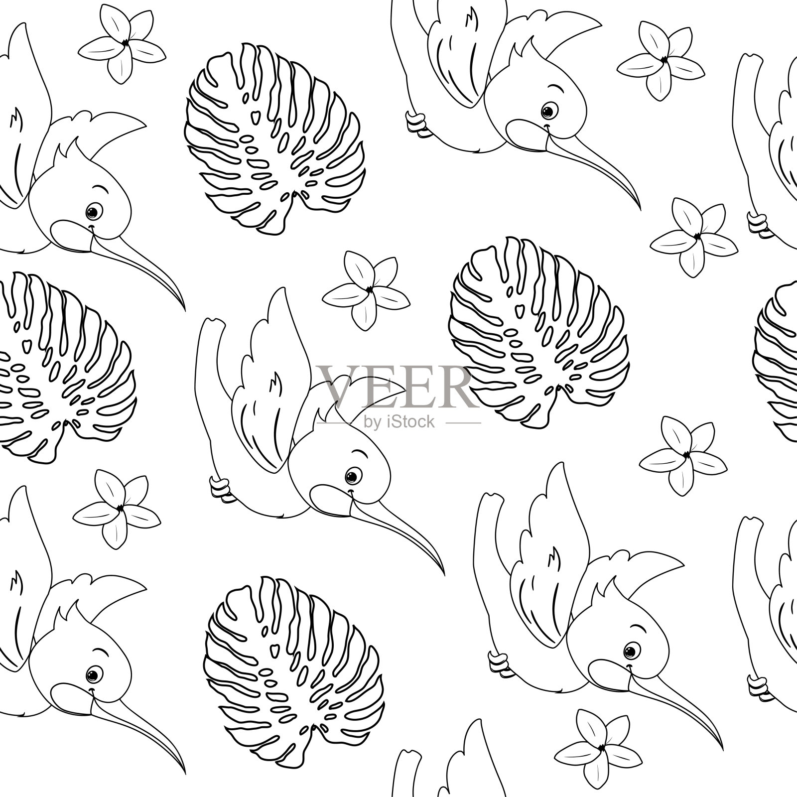 热带鸟类和树叶在一条线无缝模式。矢量插图的卡通动物涂色书的孩子插画图片素材