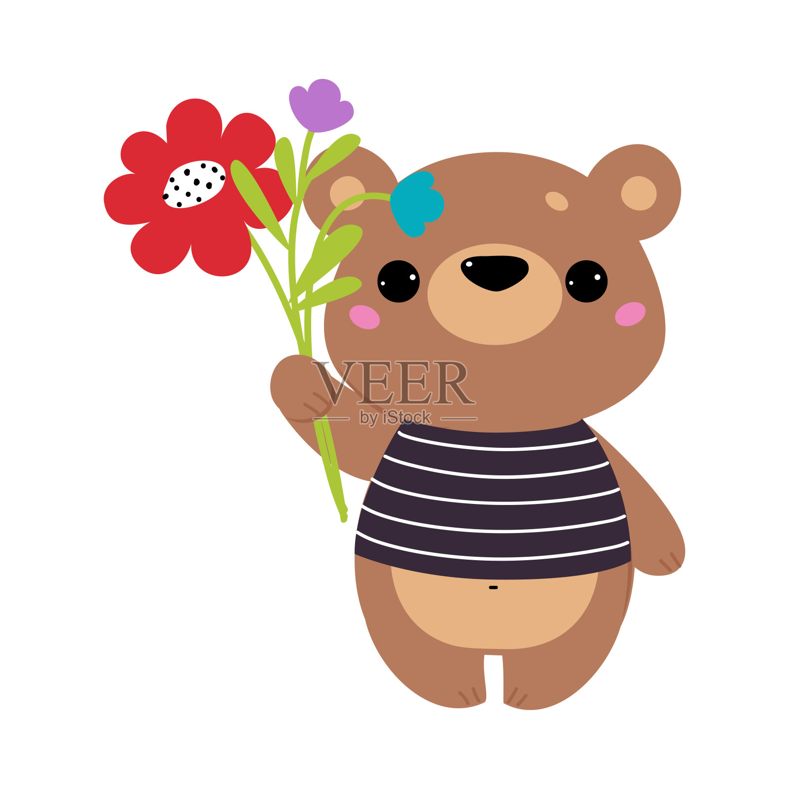 可爱的棕熊动物手持花茎与爪子矢量插图插画图片素材