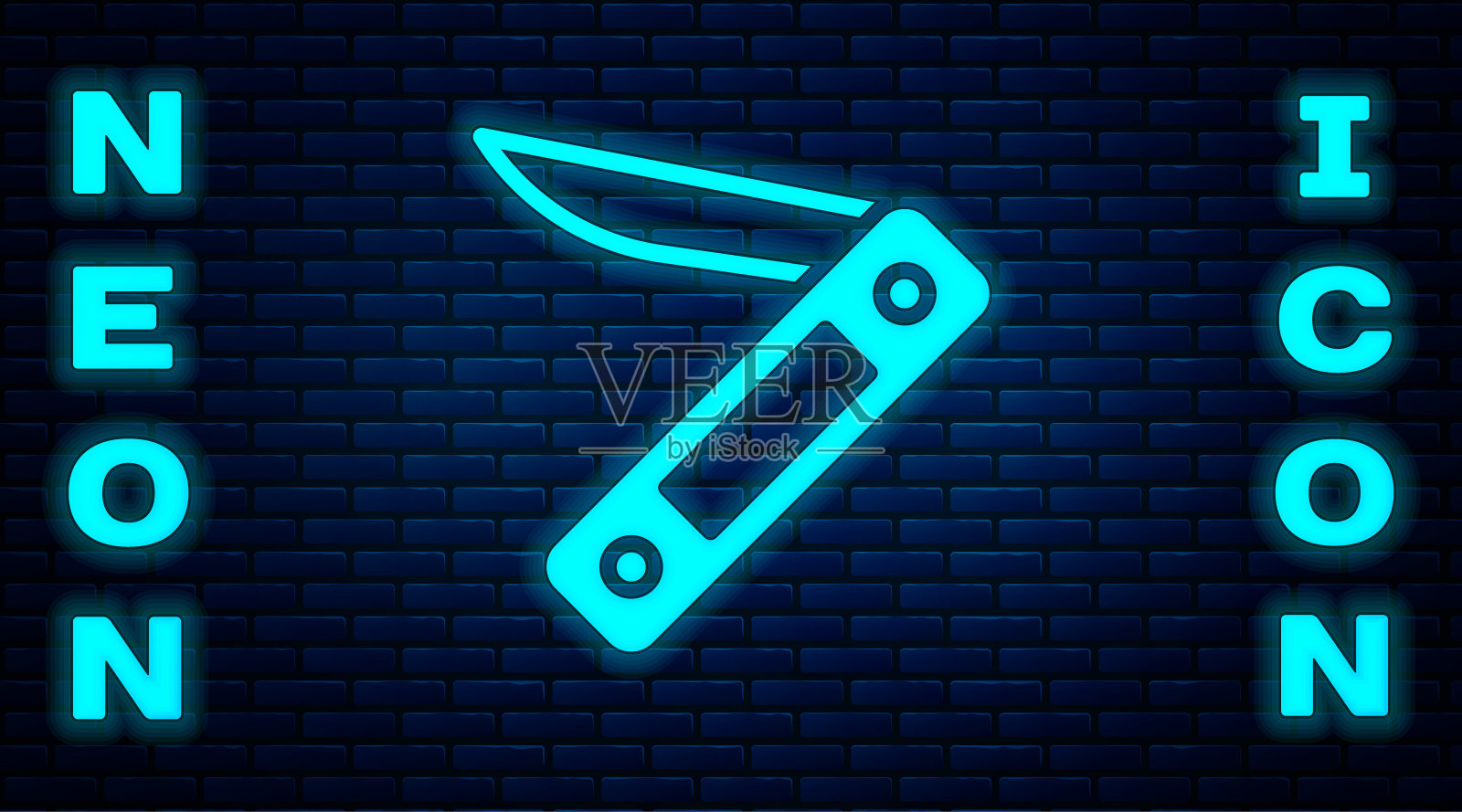 发光的霓虹灯瑞士军刀图标孤立在砖墙背景。多刀,多功能小刀。多功能工具。向量插画图片素材