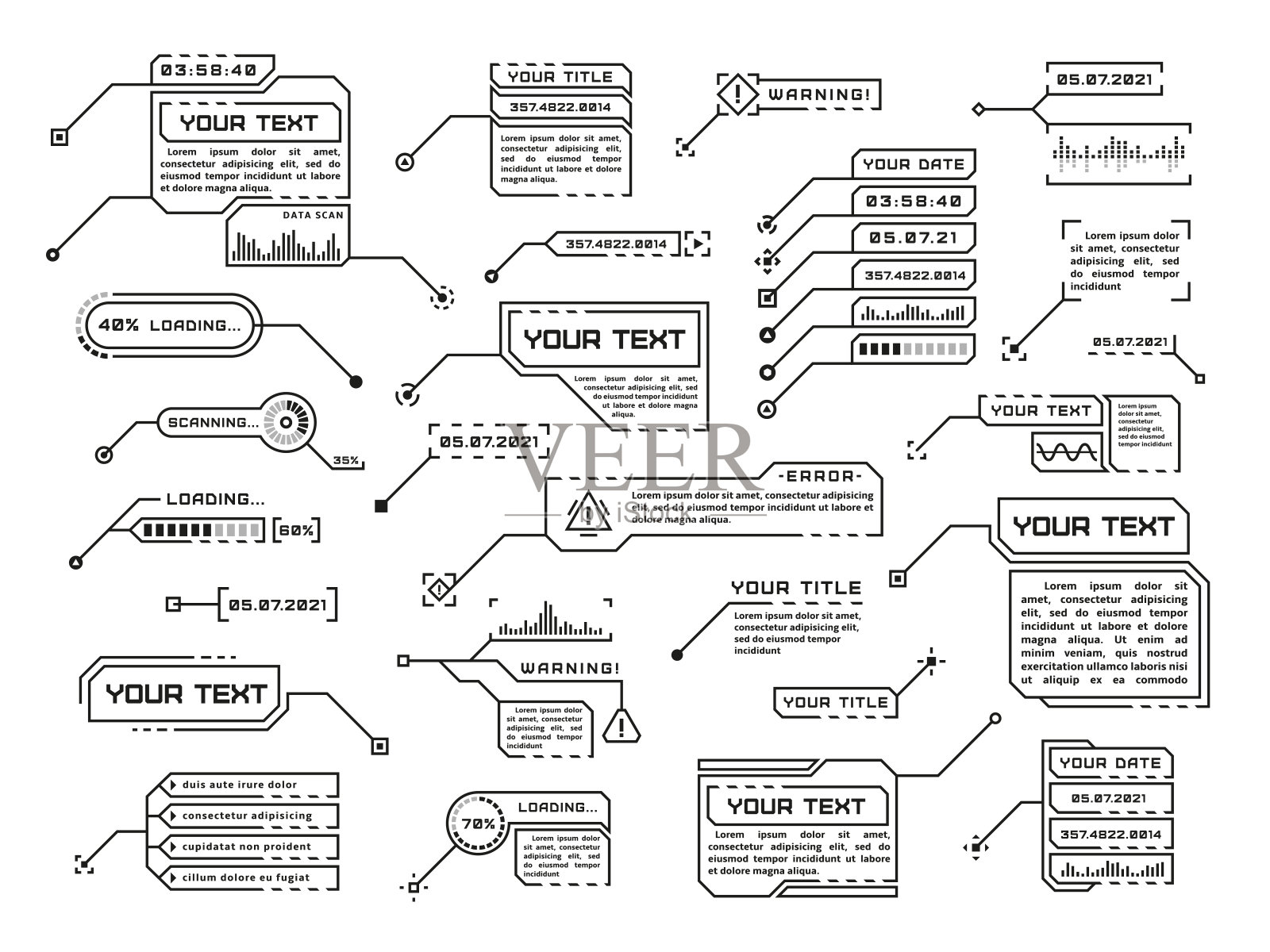 插图的编号标题。隔离技术数字callout模板，hud风格的文本标题。未来技术文本框，呈现较低框架整齐的向量集插画图片素材