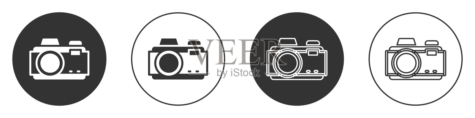 黑色照片相机图标孤立在白色背景。与相机。数码摄影。圆按钮。向量图标素材
