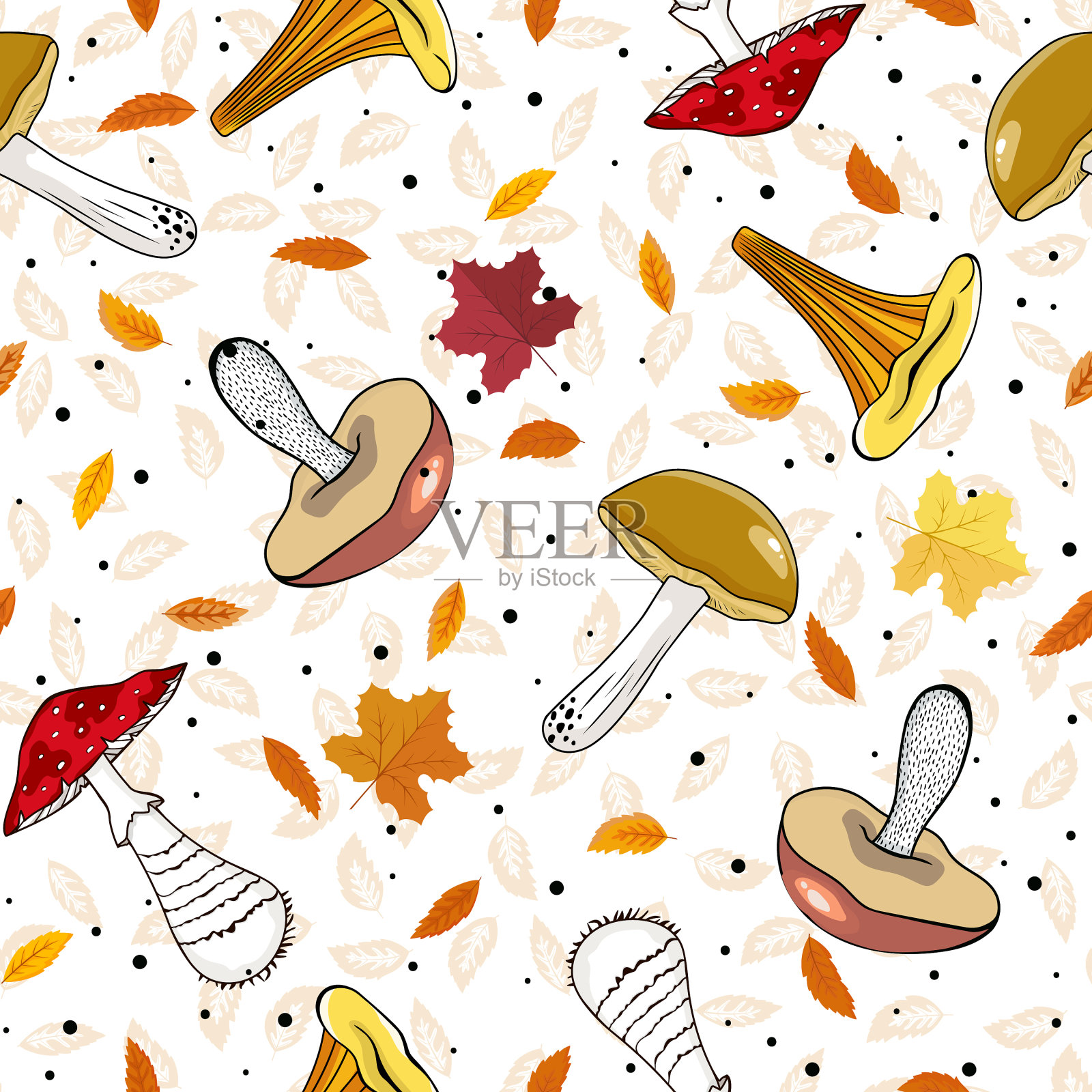 无缝的秋季模式与蘑菇和叶子插画图片素材