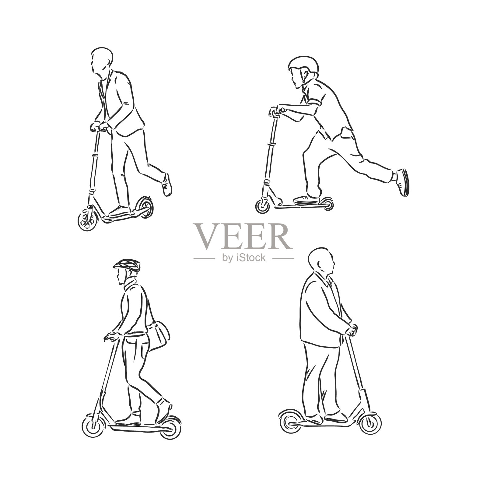 连续线妇女骑电动滑板车插画图片素材