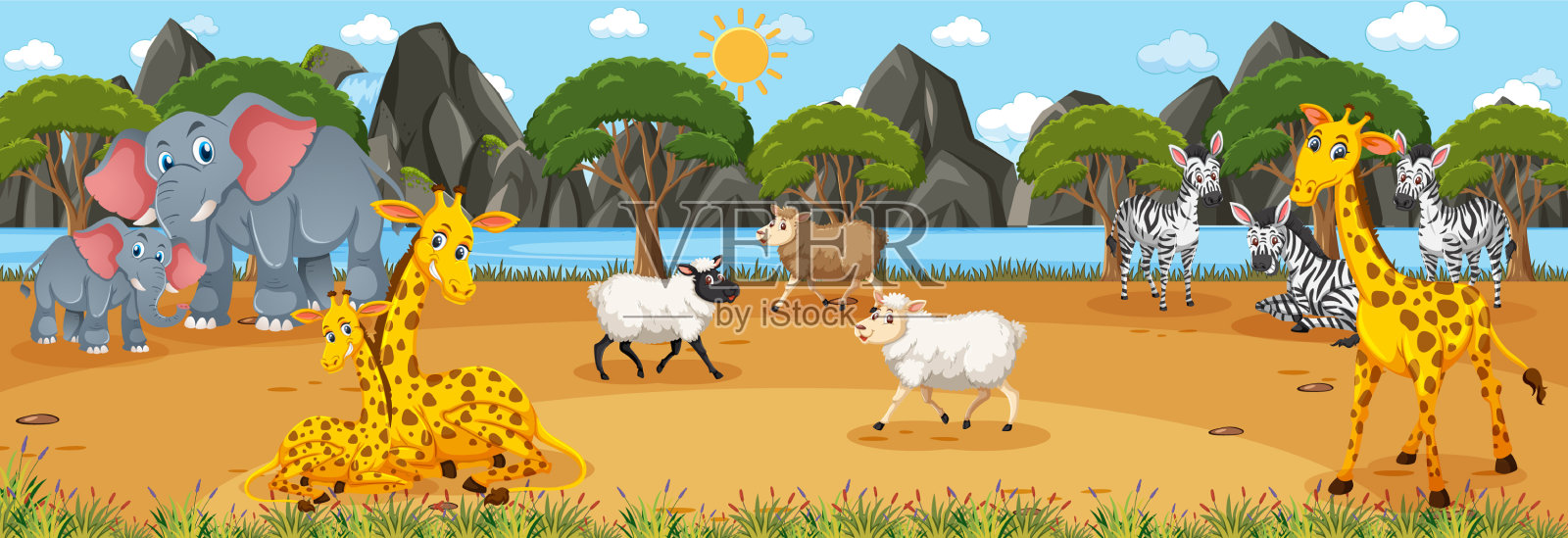 森林全景在白天的场景与各种插画图片素材