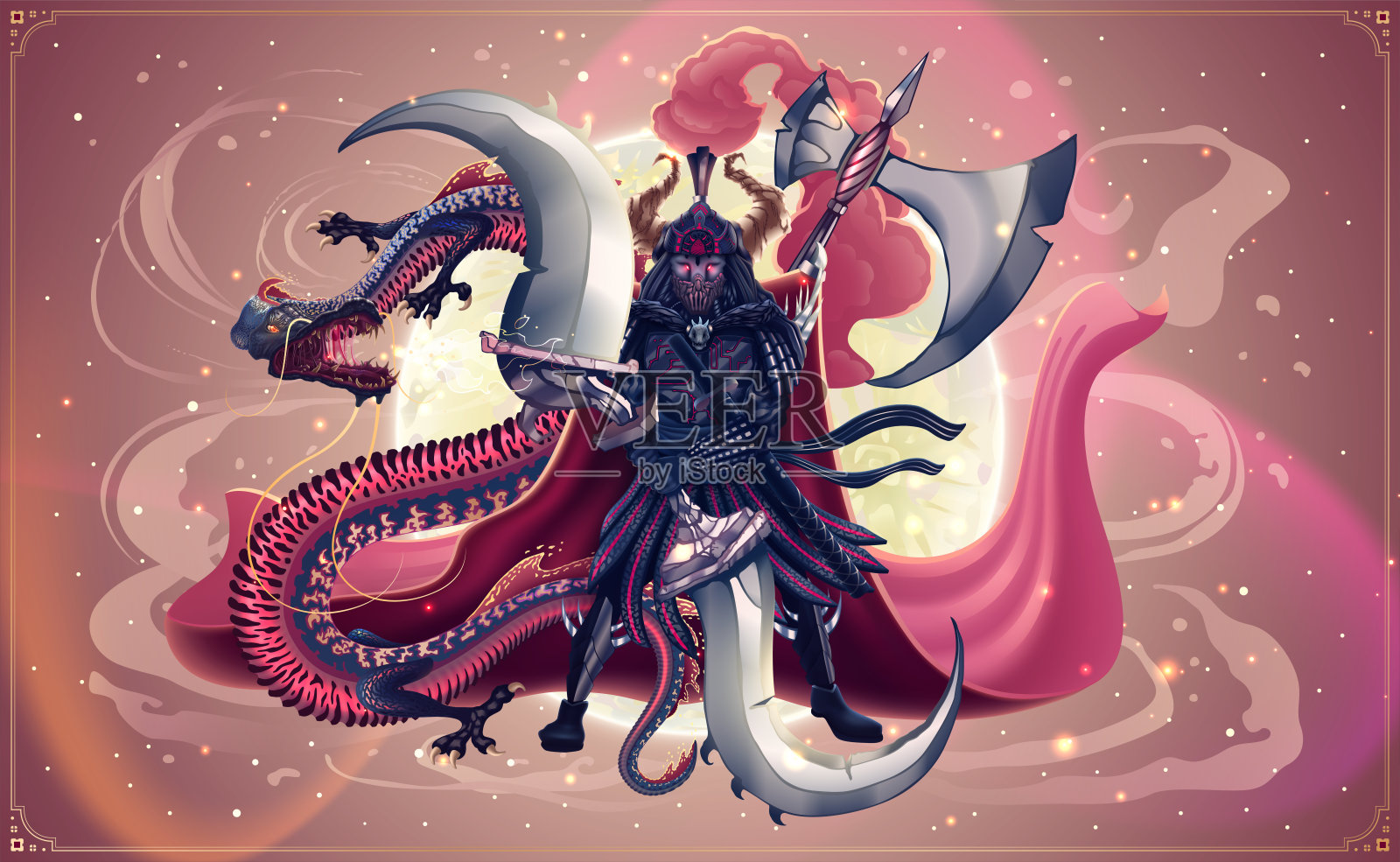 日本武士和龙或蛇在月亮上战斗的插图，幻想艺术与武士剑和喷火的中国飞龙在月亮上。亚洲的矢量图形。插画图片素材