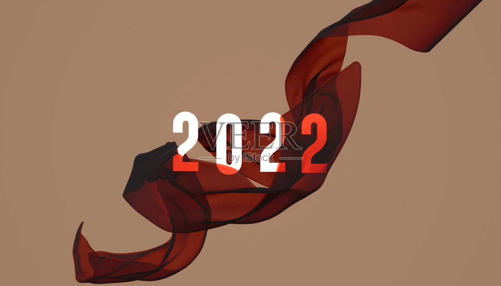 新年2022与飞行织物面纱吹背景。最小的企业风格2022日历日期时尚旗帜，3d渲染。照片摄影图片