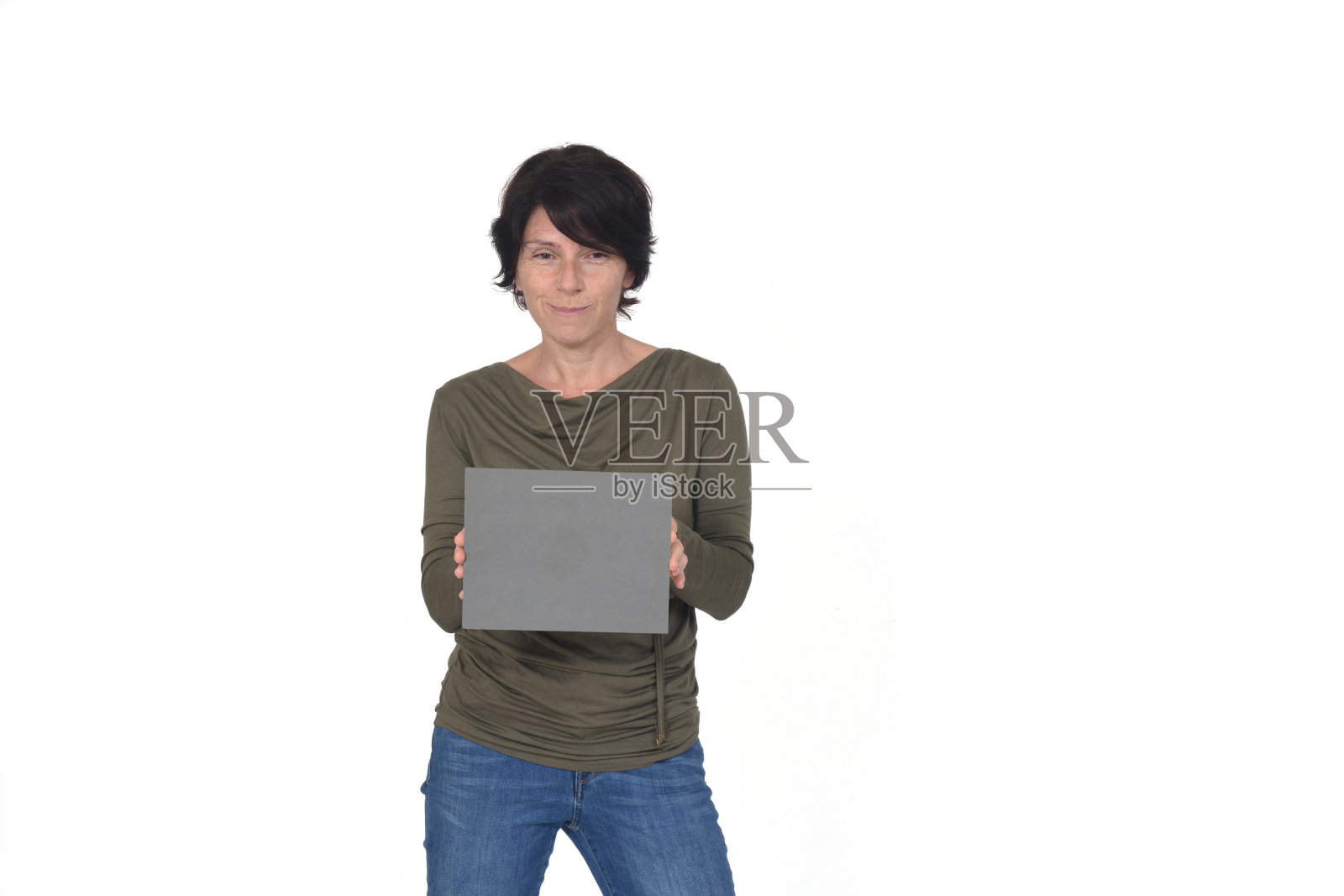 女子手持空白孤立在白色背景照片摄影图片