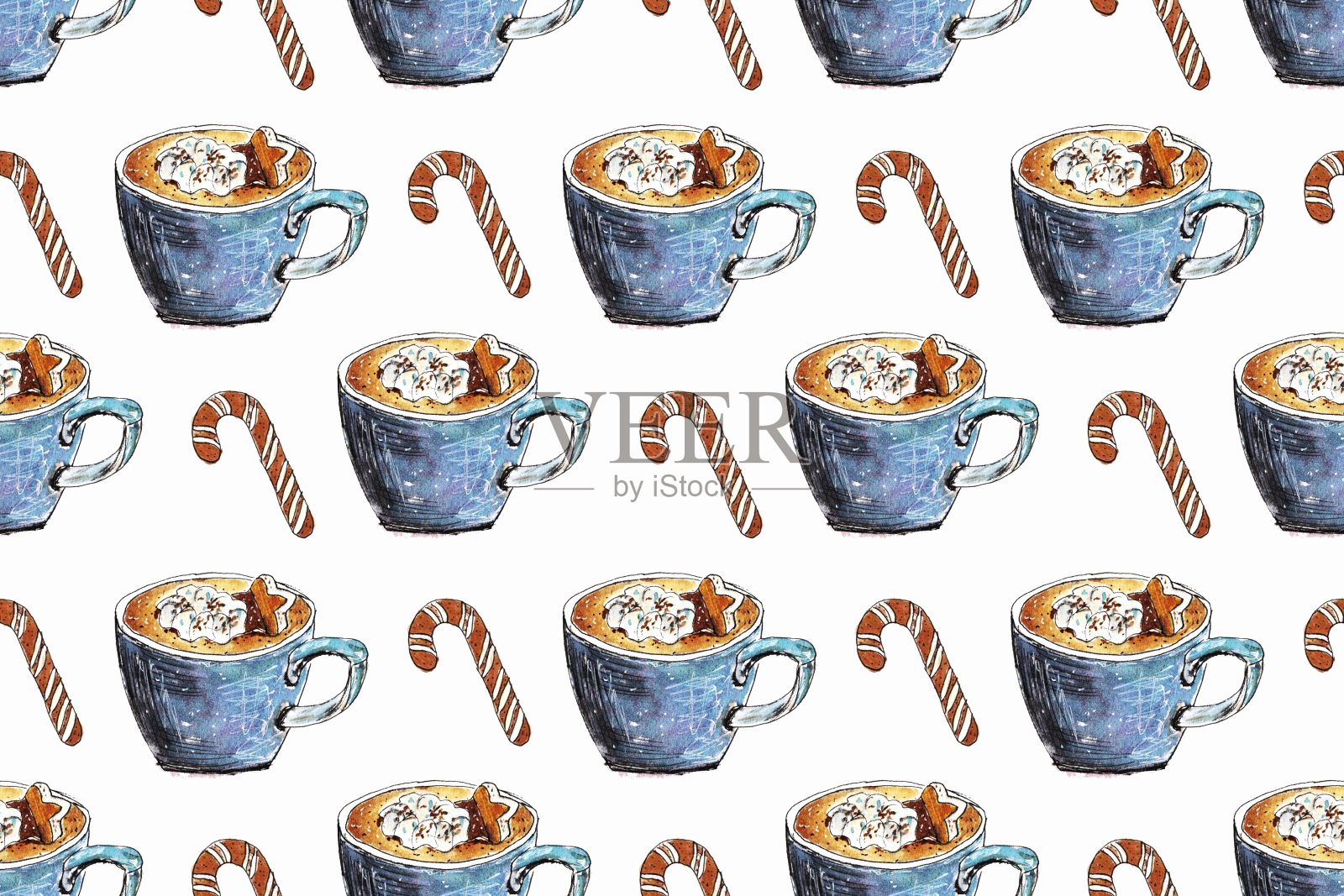 圣诞节无缝图案，蓝色咖啡杯和饼干，包装纸和织物设计的背景。水彩手绘插图插画图片素材