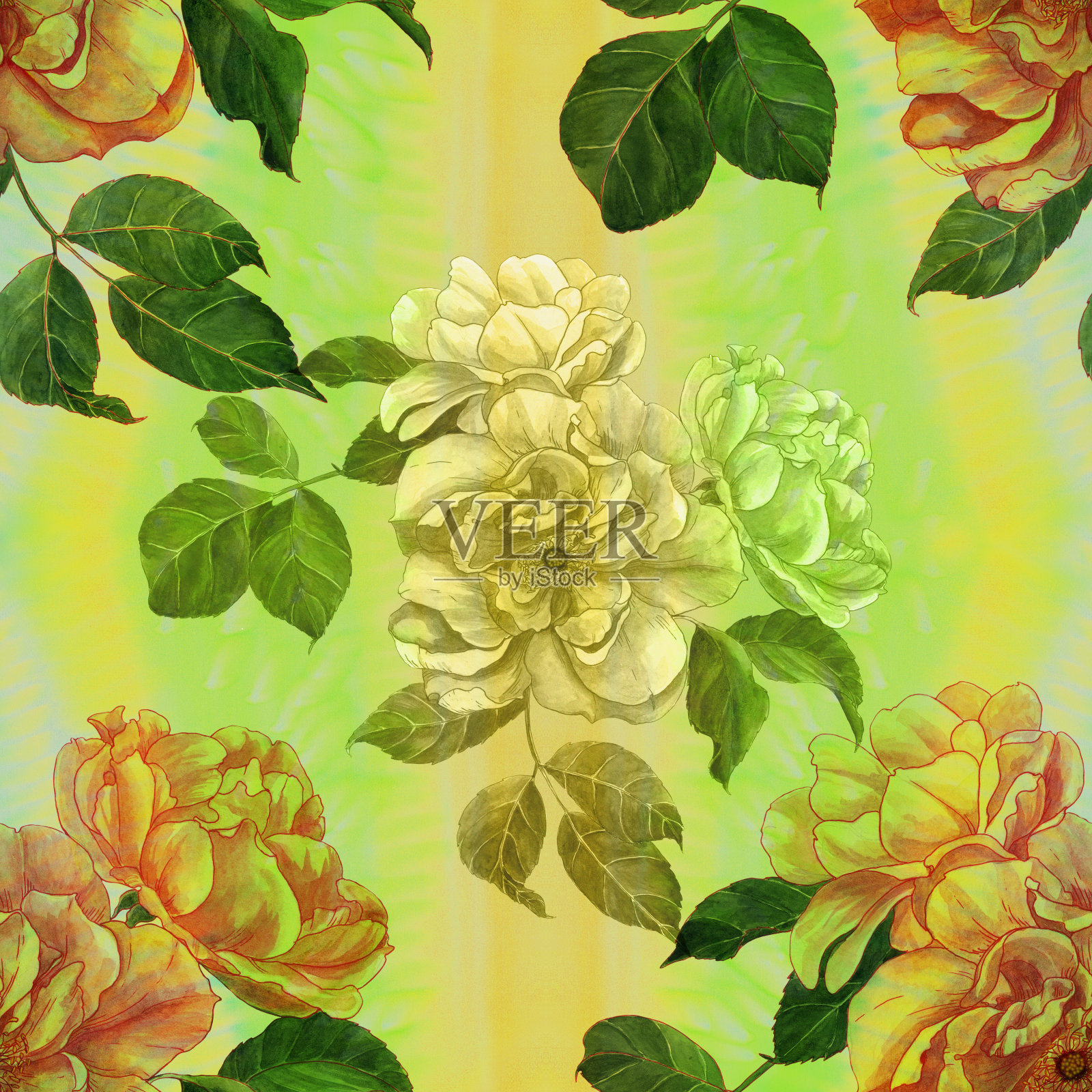 有叶、花和芽的玫瑰枝。水彩。无缝的背景。水彩背景上的花和叶子的拼贴画。使用印刷材料、标志、物品、网站、地图。插画图片素材