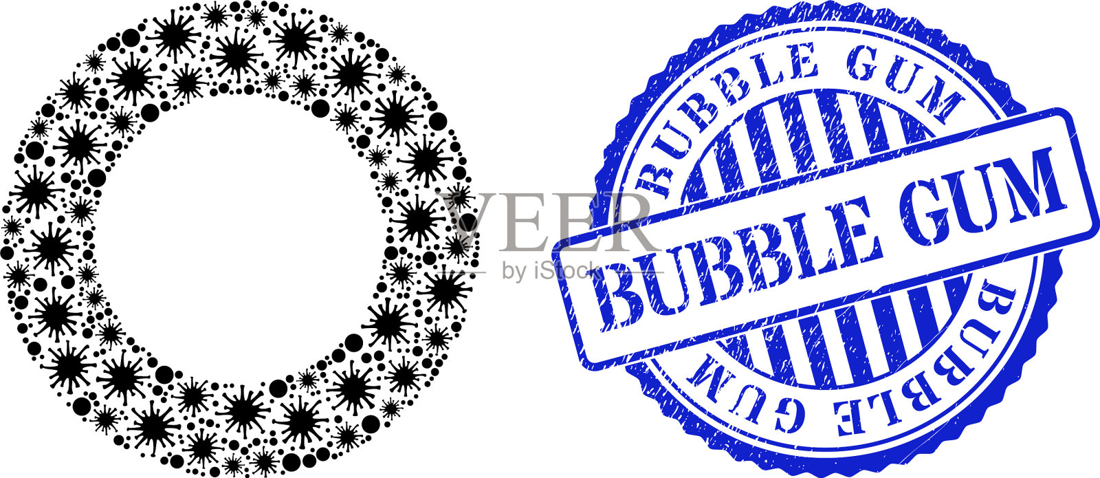 橡胶泡泡糖印章和病毒甜甜圈拼贴画插画图片素材