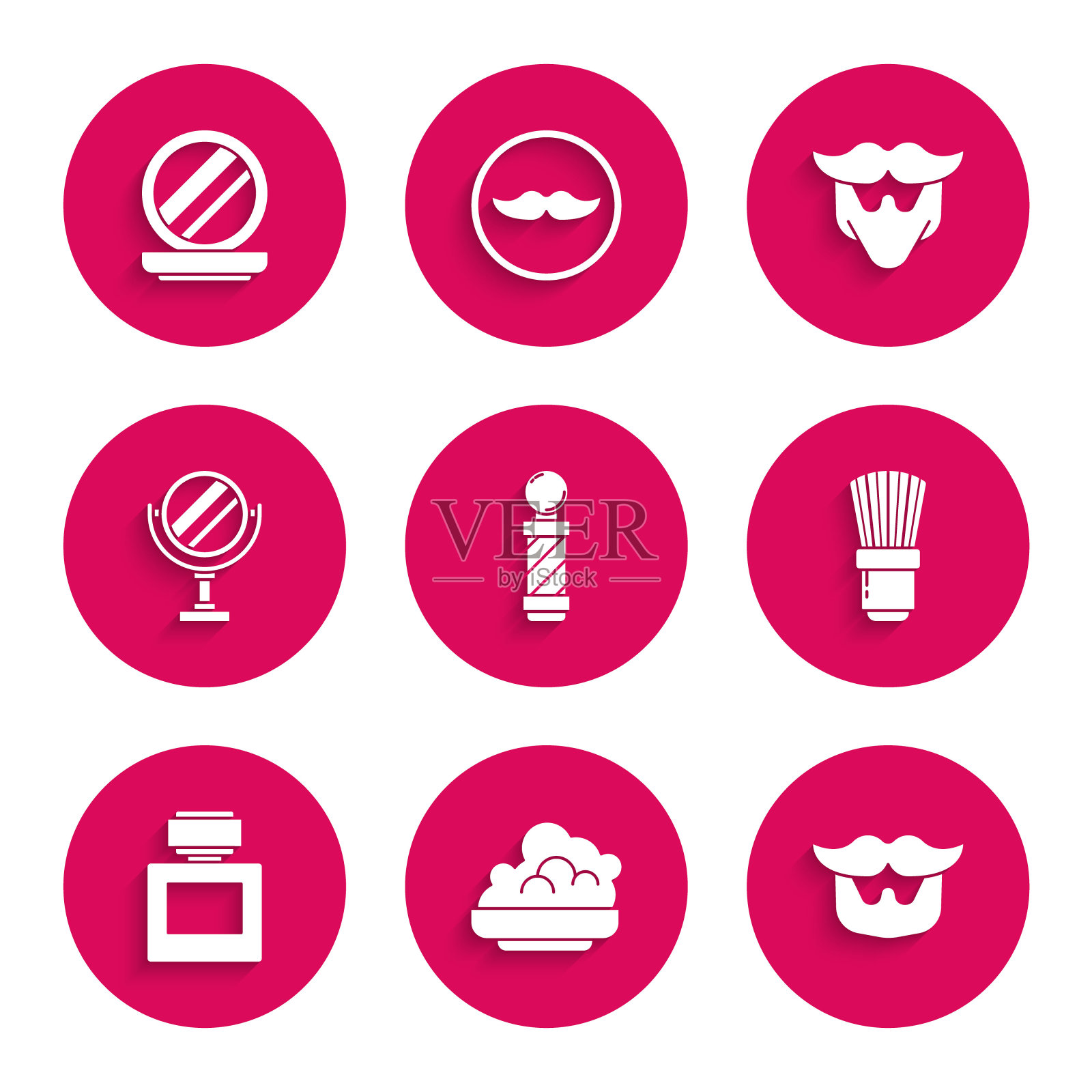 设置经典理发店电线杆，剃须啫喱泡沫，胡子和胡须，刷，须后水，圆形化妆镜，化妆粉图标。向量图标素材