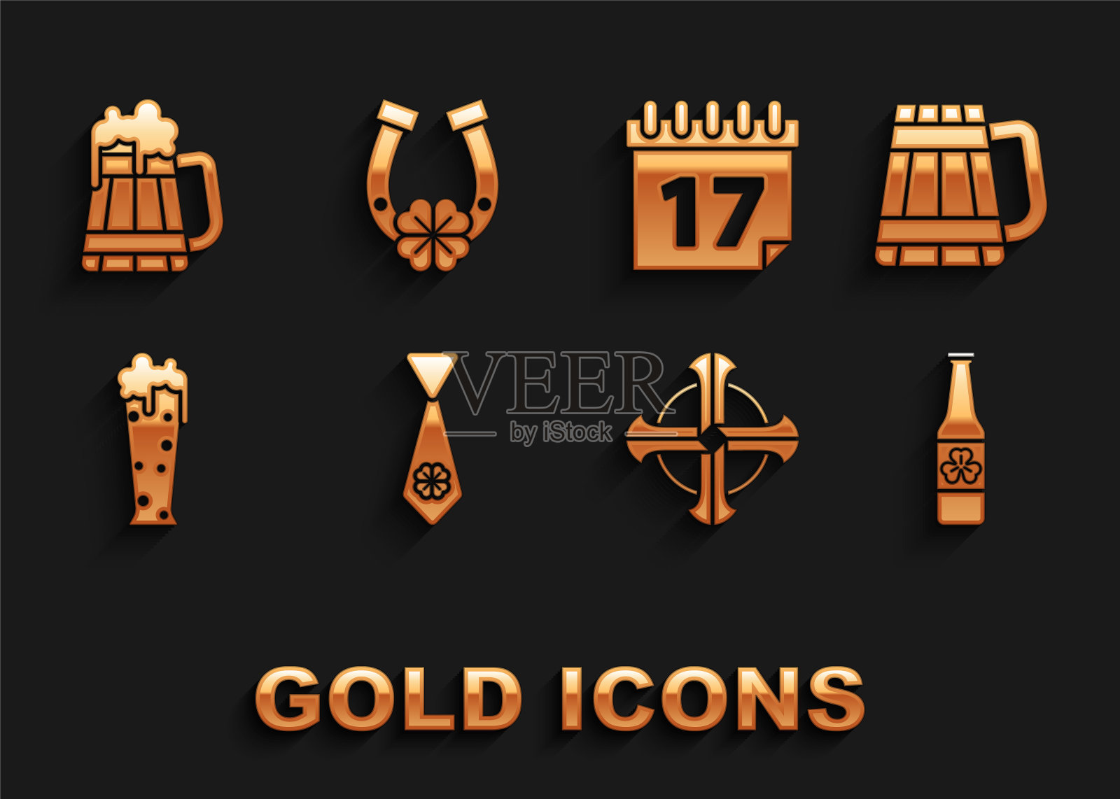 集领带与四叶苜蓿，木制啤酒杯，啤酒瓶，凯尔特十字，玻璃，圣帕特里克日日历，和马蹄图标。向量图标素材