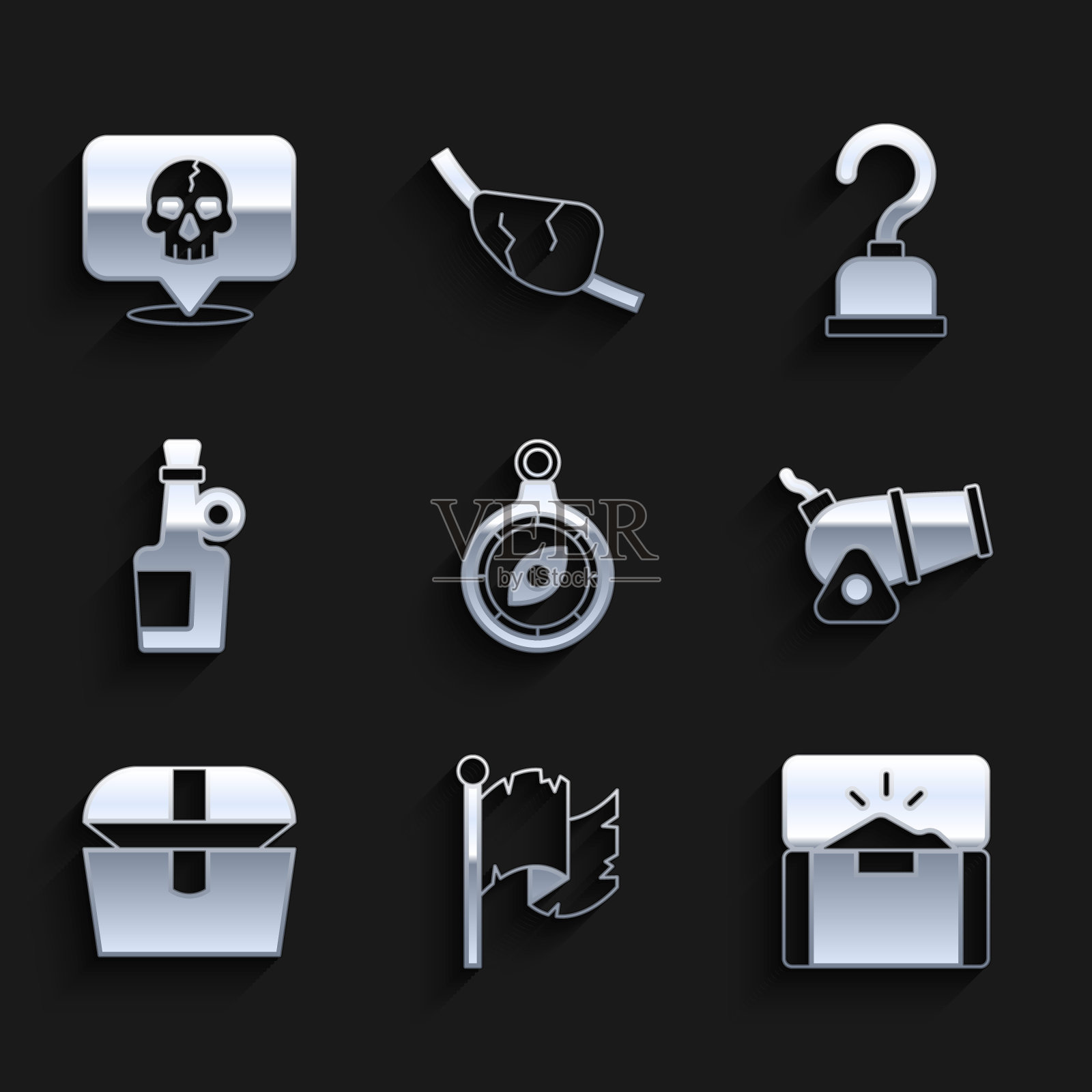 设置指南针，海盗旗，古董宝箱，大炮，酒精饮料朗姆酒，钩子和骷髅图标。向量图标素材