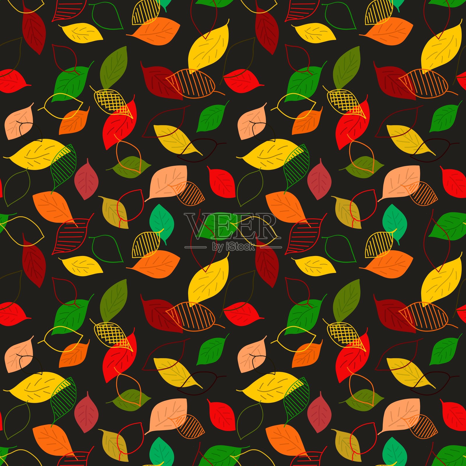 由不同形状和颜色的叶子组成的无缝图案。手绘涂鸦风格的插图，数字插图。为织物，服装，礼品纸和其他项目准备设计。插画图片素材