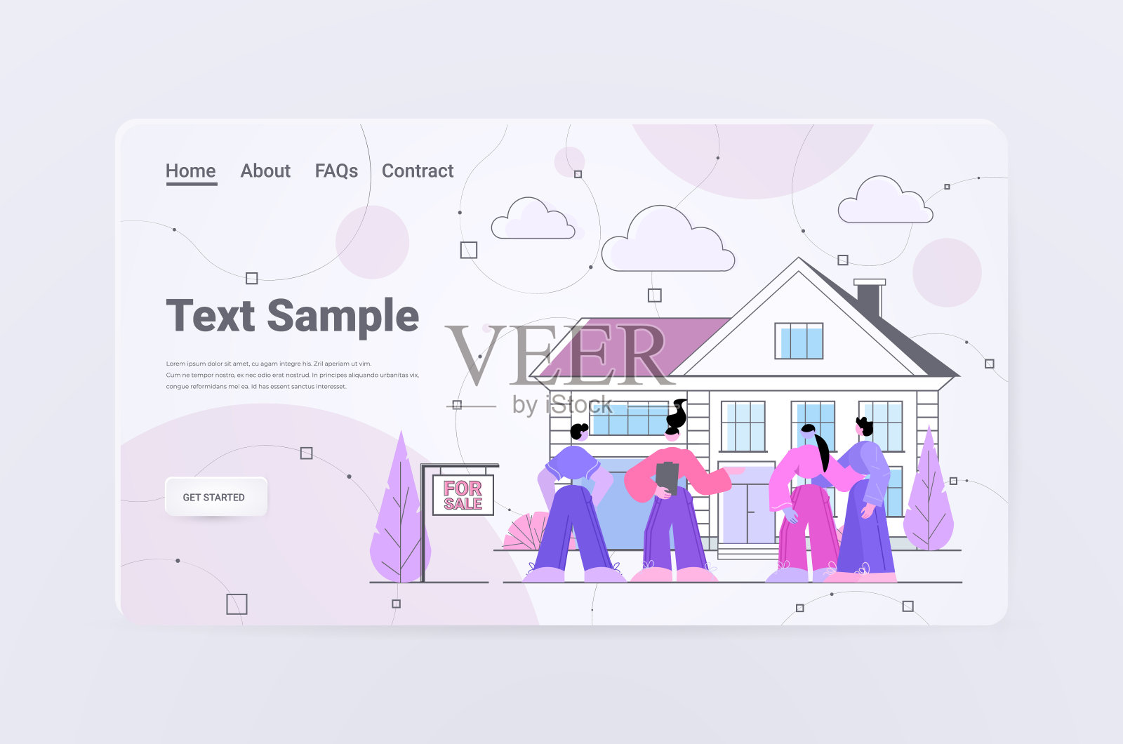 房地产经纪人向客户展示美丽的乡村房子，房地产中介在房地产网站上提供抵押贷款插画图片素材