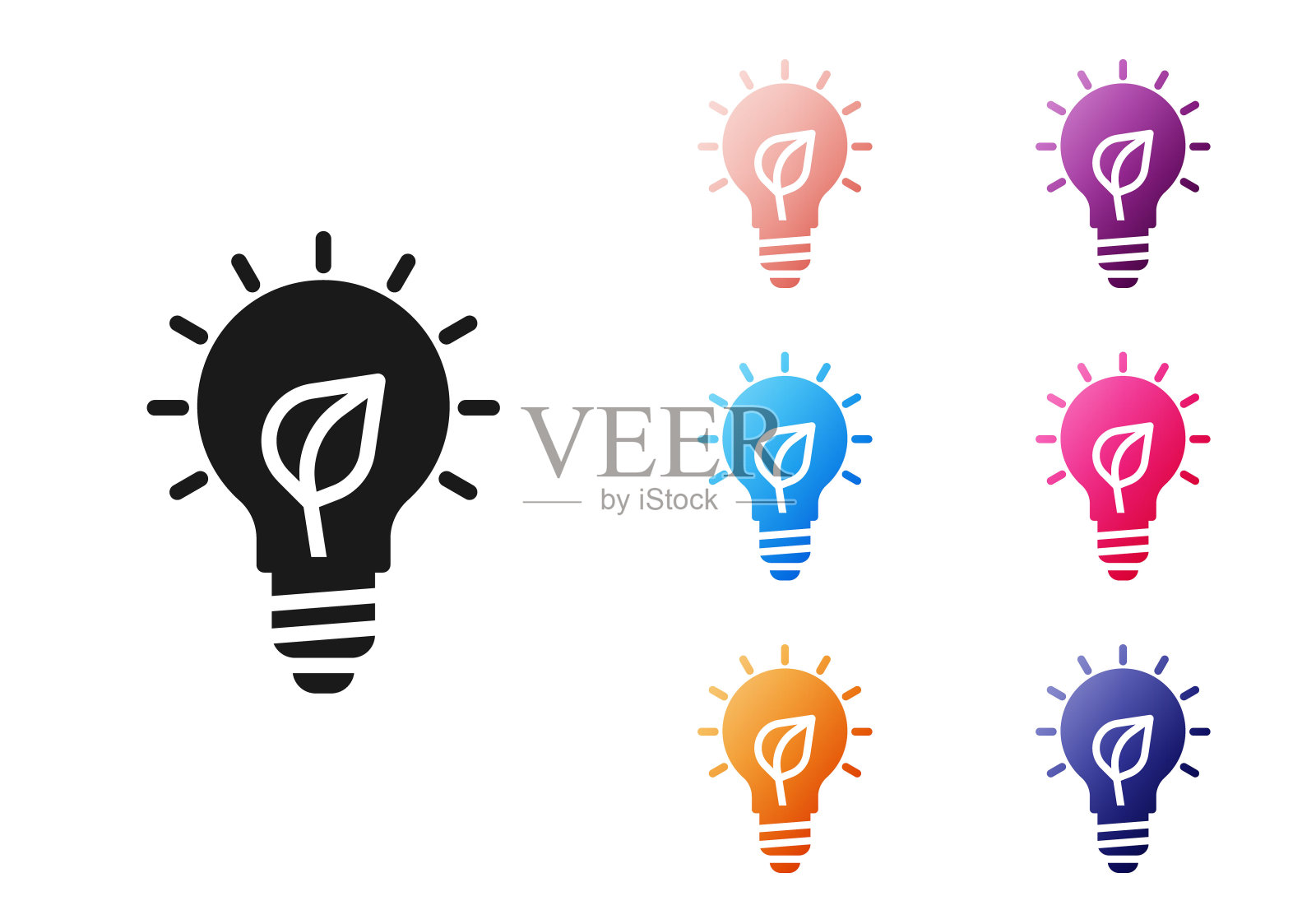 黑色灯泡与叶图标隔离在白色背景。生态能源的概念。替代能源的概念。设置图标丰富多彩。向量图标素材