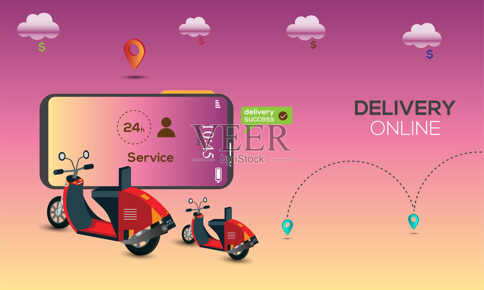 手机上骑滑板车快速在线递送包裹。电子商务成功照明，位置跟踪。订餐送货概念插画图片素材