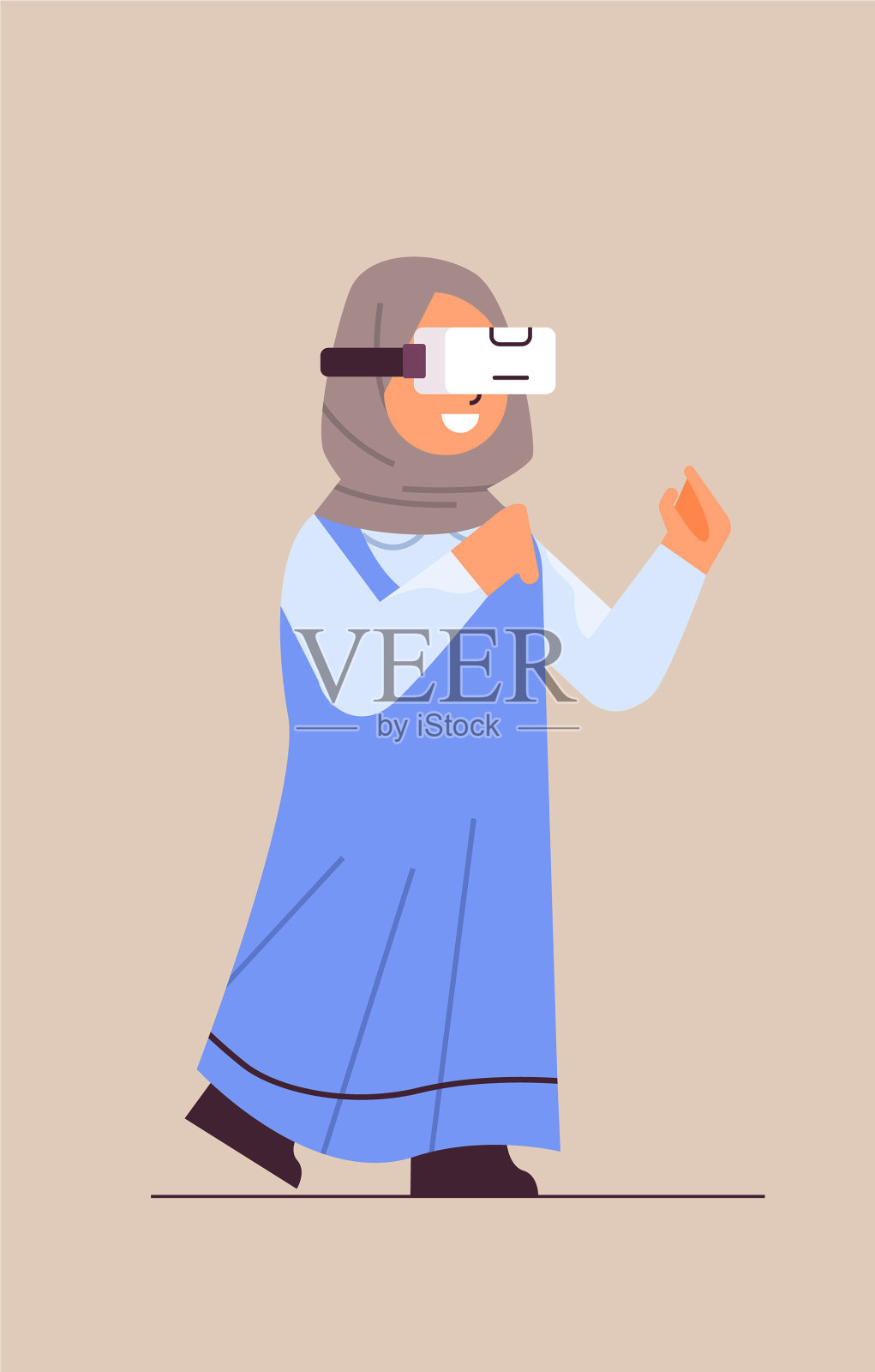 阿拉伯女学生戴着虚拟现实头盔微笑的女孩在插画图片素材