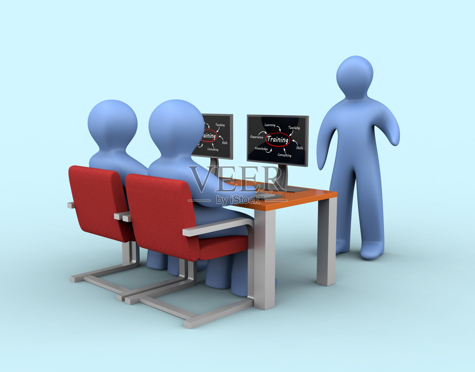 指导导师在教室里用电脑培训学生，学习市场营销，商业策略和团队3D渲染照片摄影图片