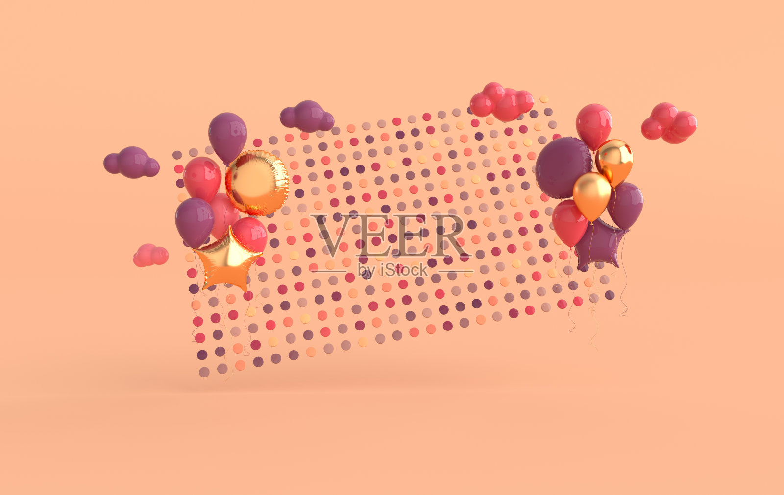 插图有光泽的彩色气球，云彩和五彩纸屑的背景。为生日，派对，推广社交媒体横幅，海报留出空间。3d渲染逼真的气球照片摄影图片