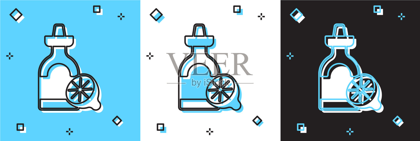 设置龙舌兰瓶与柠檬图标孤立插画图片素材