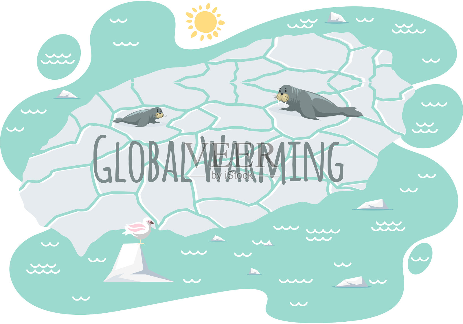 海象躺在冰附近的字母插画图片素材