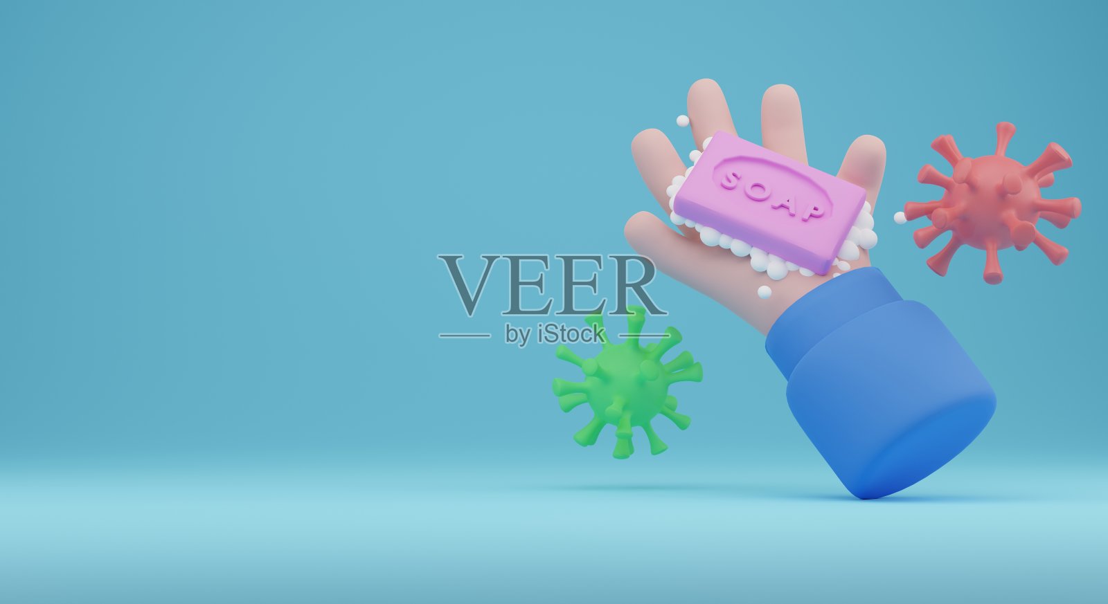 从covid对象3d渲染蓝色背景中洗手，照片摄影图片