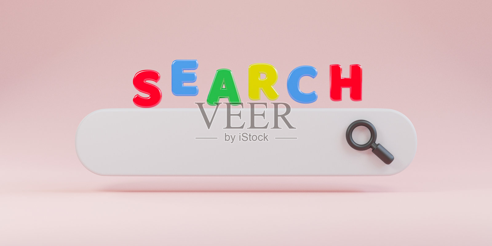 最小设计白色搜索栏与放大镜在粉红色的背景，Web搜索引擎概念3D渲染。照片摄影图片