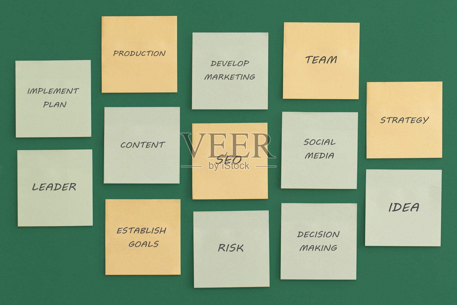 绿色背景上的彩色便利贴。经营理念、战略、计划照片摄影图片