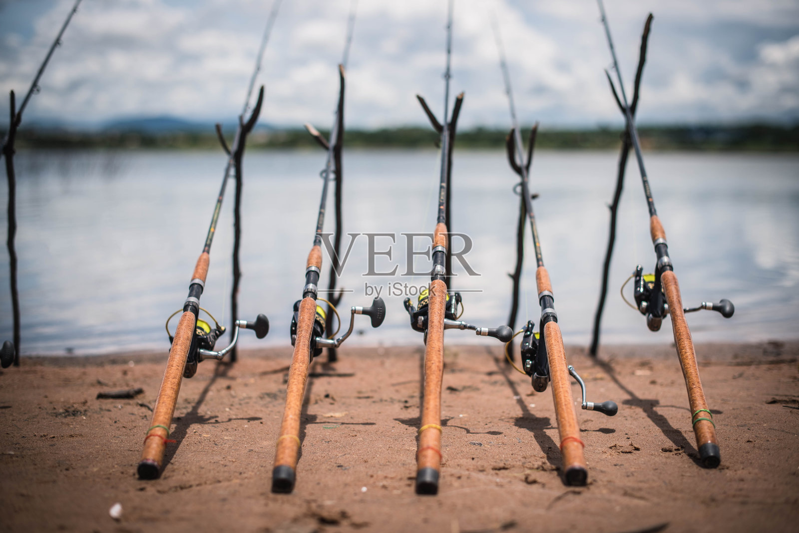鱼竿在湖边排成一排，等鱼吃饵照片摄影图片