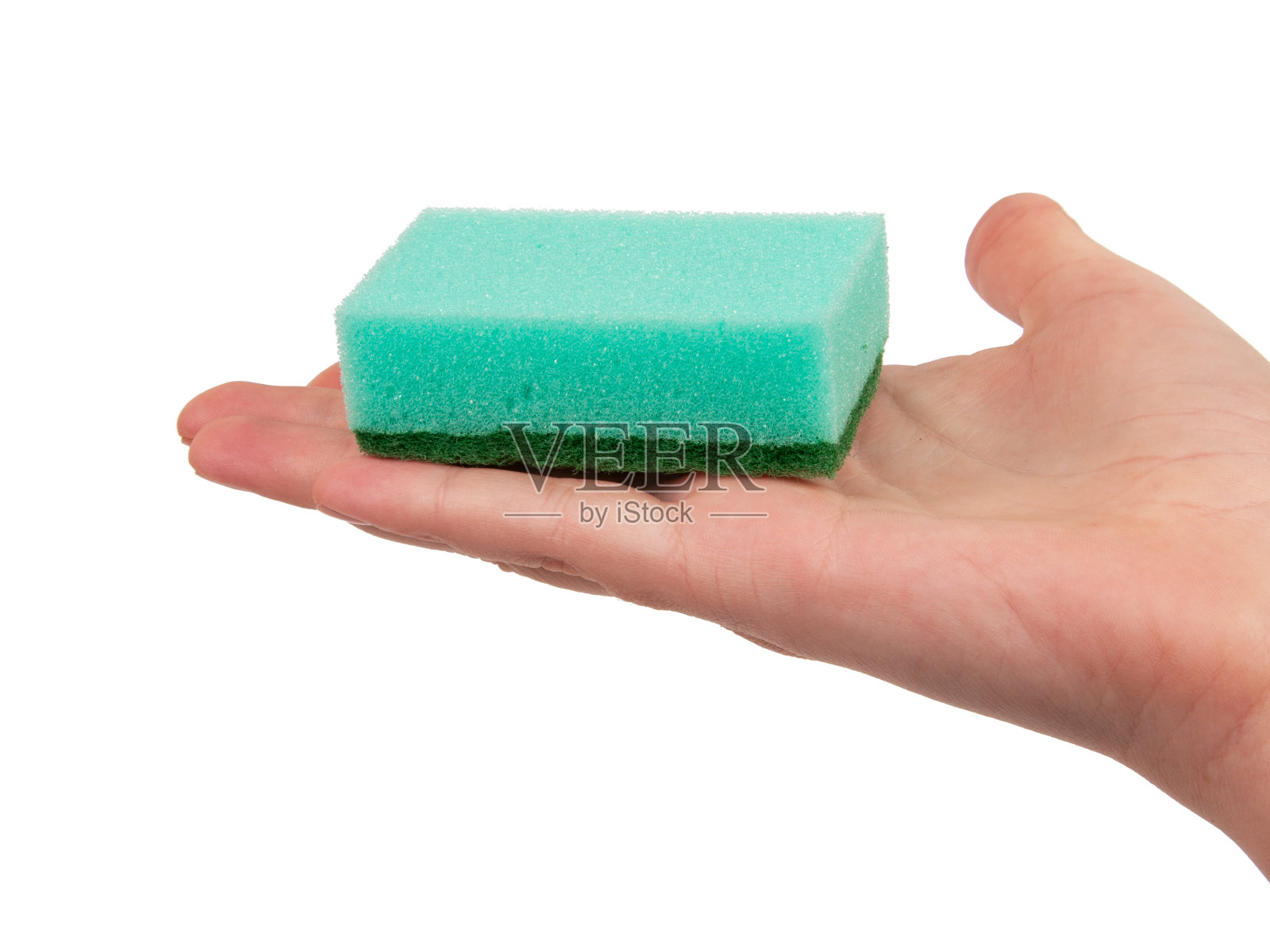 洗碗海绵，手隔离在白色上照片摄影图片