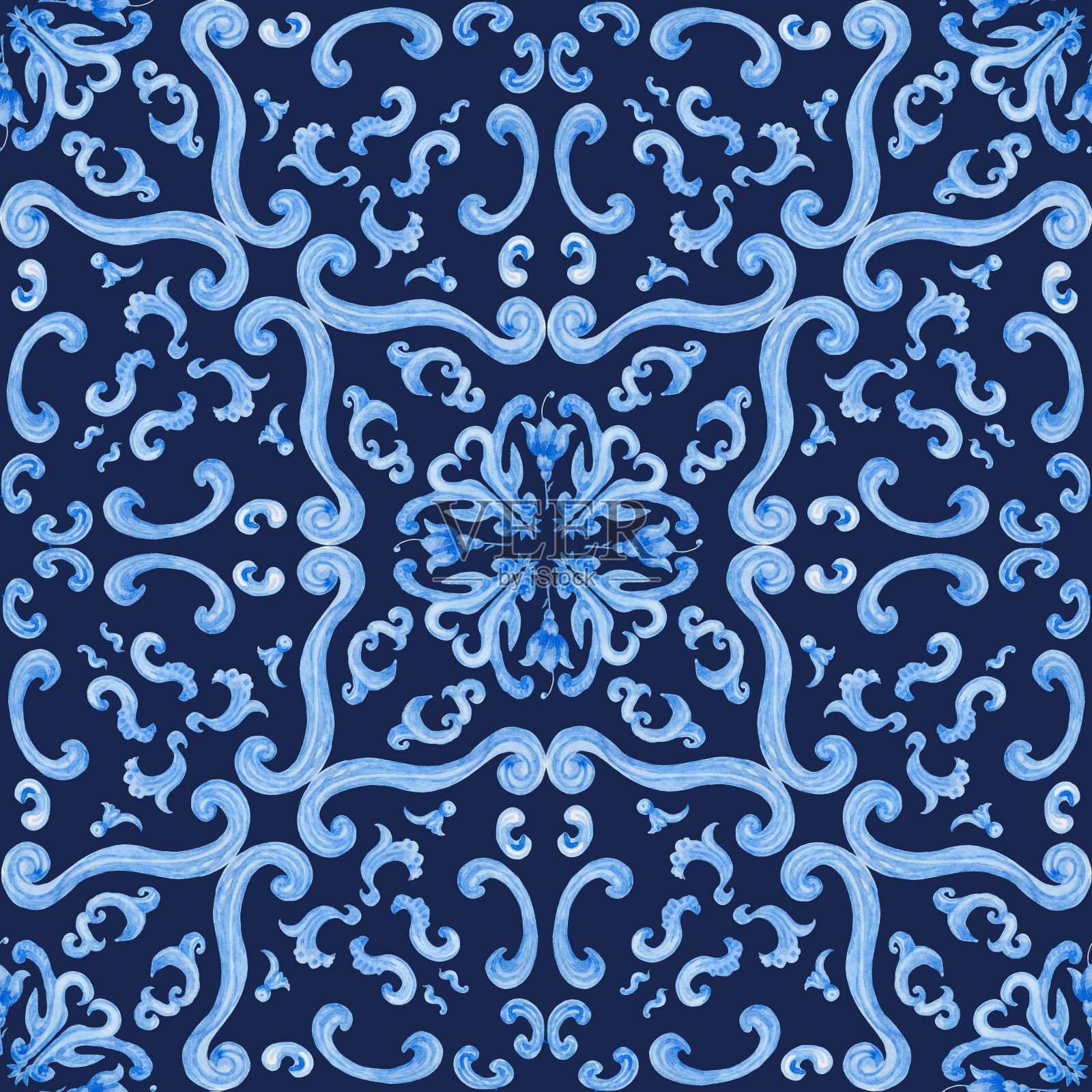 水彩靛蓝色大马士革无缝图案插画图片素材