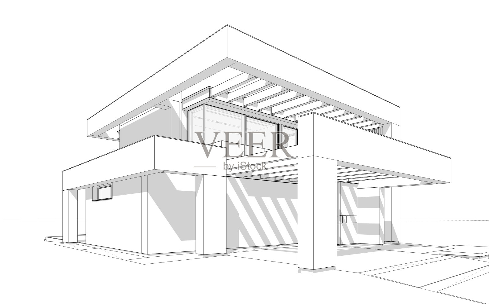 白色背景上黑色线条的豪华现代住宅3D渲染插画图片素材