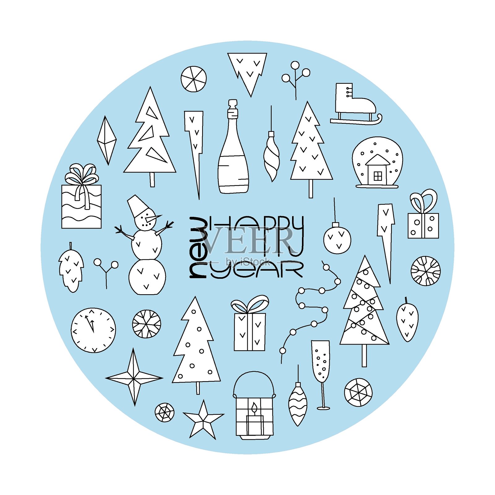 大集合与冬季元素和字母新年快乐。卡片的线向量插图插画图片素材